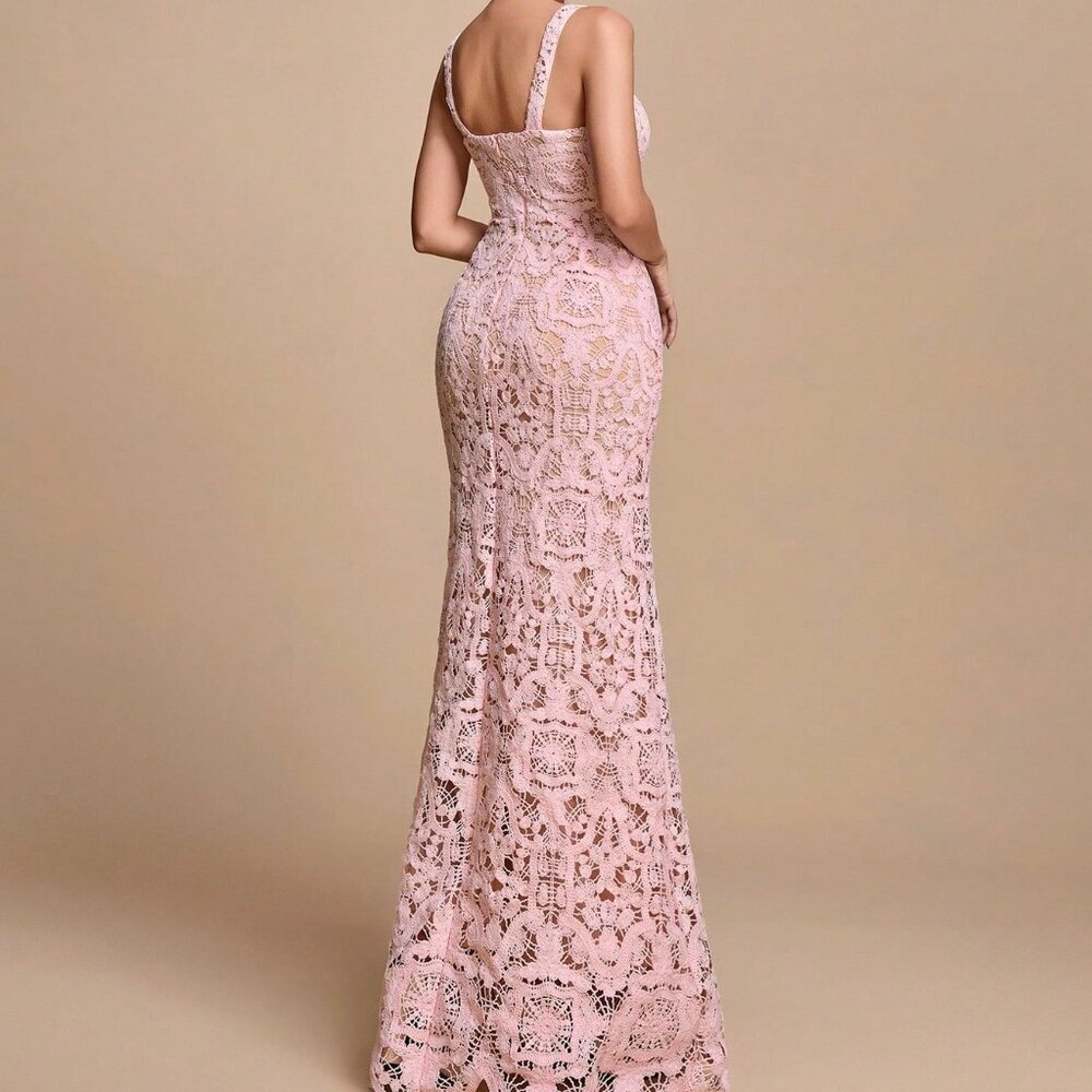 Pink Elegant Women's Lace Spaghetti Strap Fishtail Hem Party Dress - Picture 2 of 7